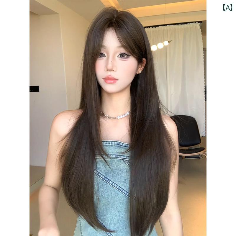 女性用 かつら 辰砂の ほくろ 女性用 ウィッグ 日常的な 韓国 長い ストレート ヘア 優しくて 顔の 形を 整える 同じ スタイル 年齢を 減らす フル ヘッド ピース