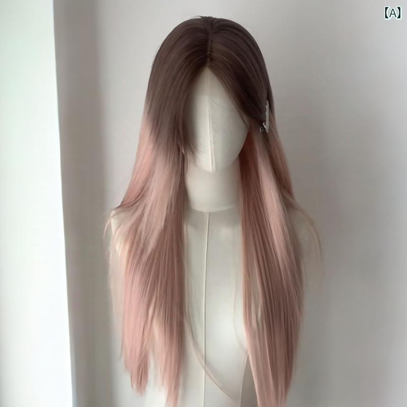 女性用 かつら Keluli グラデーション ウィッグ 女性用 ピンク ブラウングラデーション ミドル パート ..