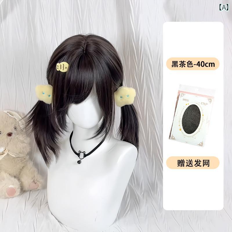 女性用 かつら エリー カーリー ウィッグ 女性 フル ヘッド セット ロリータ 和風 ダブル ポニーテール 鎖骨 ヘア シミュレーション