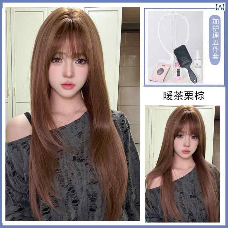 女性用 かつら 女性用 ウィッグ ロング ストレート ヘア エア バングス 温かみの ある 茶色 栗 色 シミュレーション ヒューマン ハイ レイヤー ナチュラル スイート フル ヘッド
