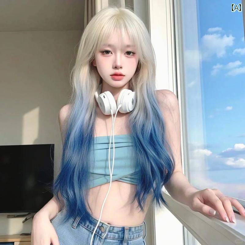 女性用 かつら Huiran ウィッグ プラチナ グラデーションブルー ロング カーリーヘア デイリー エア バングス レイ ヤード ビッグウェーブ シミュレー...