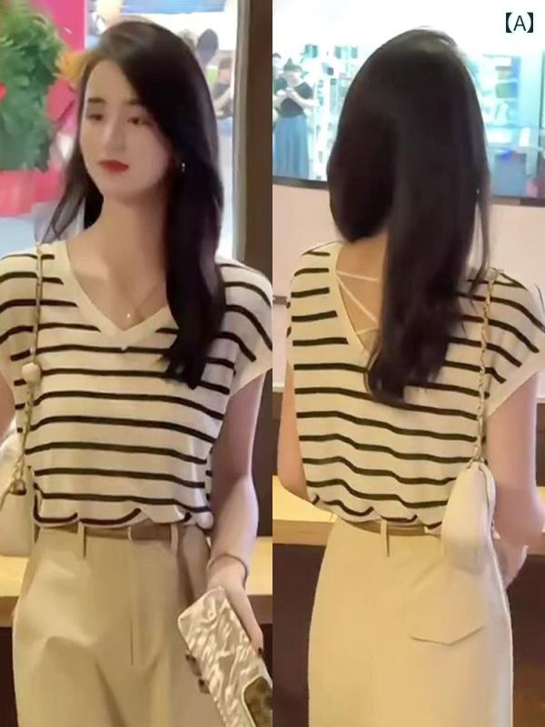 サマーニット レディース ストライプ Vネック 薄手 冷感 半袖 ニット セーター 女性 2025夏 バック ホ..