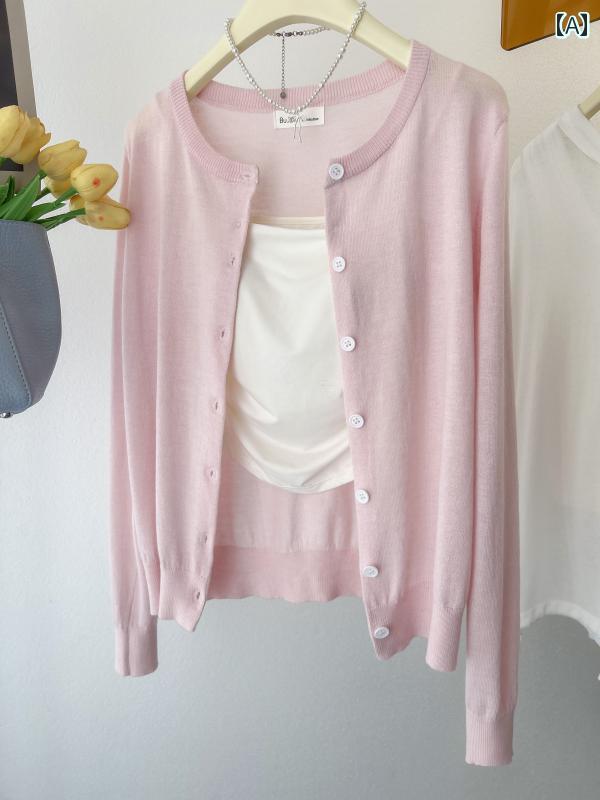 サマーニット レディース 海外 商品 婦人服 年齢を 減らす ピンク ラウンドネック 冷感 ニットカーディ..