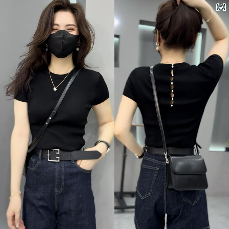 サマーニット レディース の 高級 ブラック 冷感 ニット セーター 半袖 Tシャツ レディース 2025 夏 大..