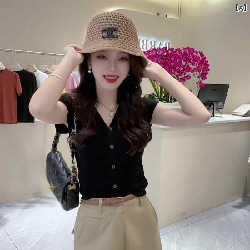 サマーニット レディース の 高級 薄手 冷感 ニット 半袖 レディース Tシャツ ストレート ショルダー スリム 2024 夏 ブラック トップ
