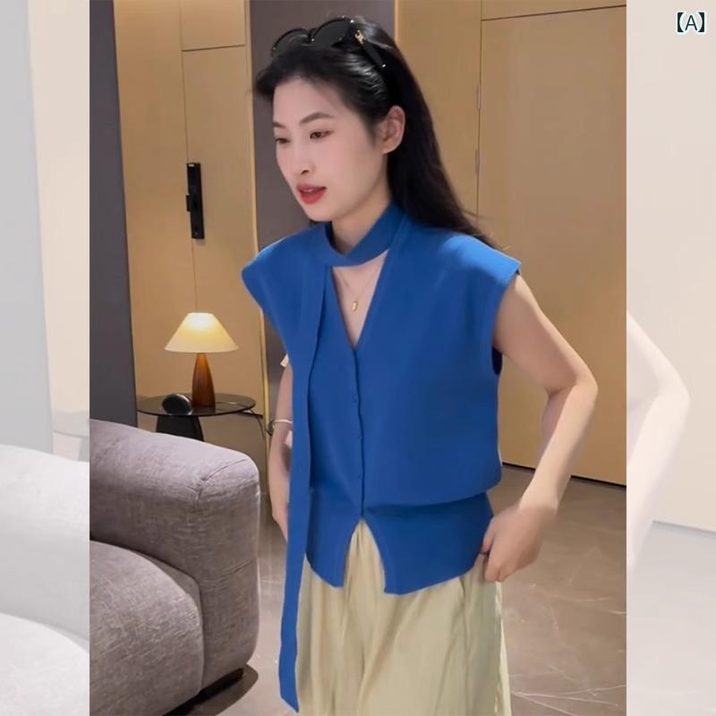 サマーニット レディース 小さい 青い 氷の ニット ストレート ショルダー ノースリーブ Tシャツ 夏用 ..