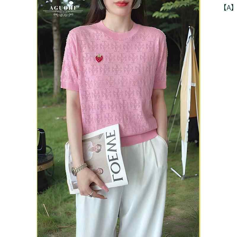 サマーニット レディース AGUOHF 高級 ラウンドネック スリム セーター レディーストップス 夏 無地 半..