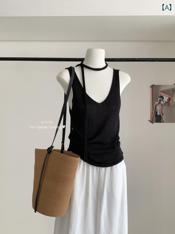 サマーニット レディース 杭 州 オール シーズン 青 婦人服 Vネック リボン 薄氷 リネン 紫 ニット ノ..