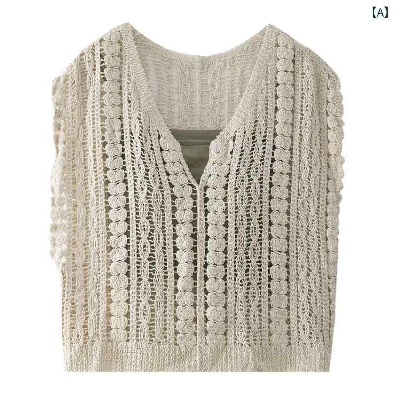 サマーニット レディース ベスト ニット セーター ブラウス レディース サマー フック フラワー アウタ..