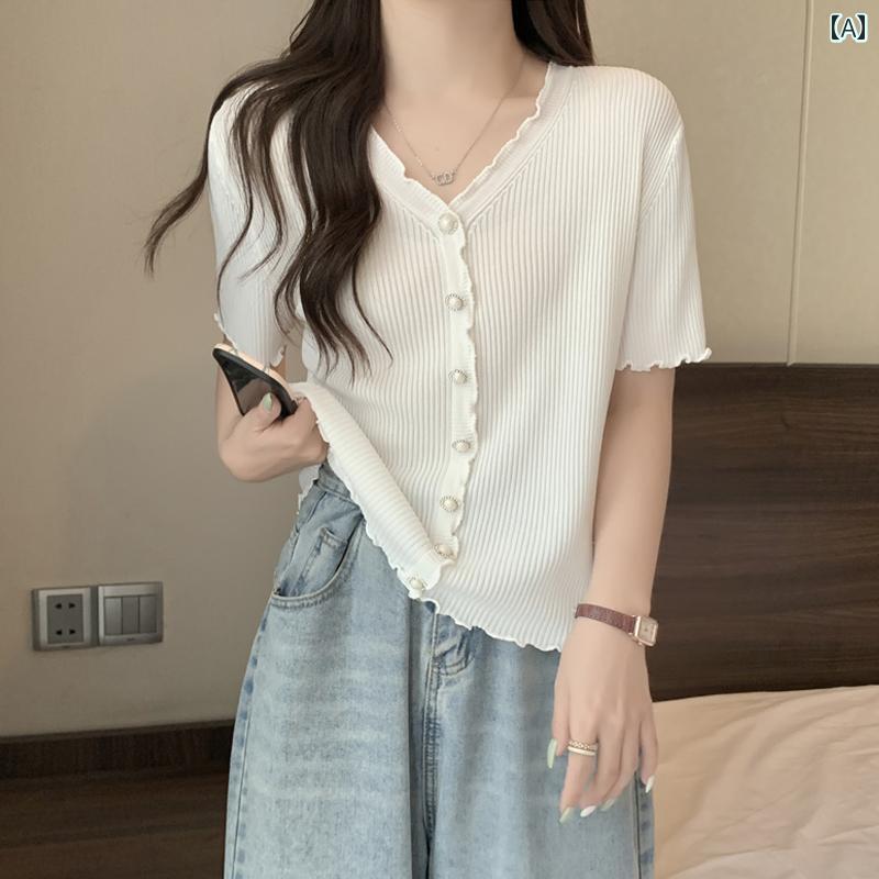 サマーニット レディース 大きいサイズ 夏用 お腹を カバー できる ゆったり Vネックの 木 耳 飾り ニ..