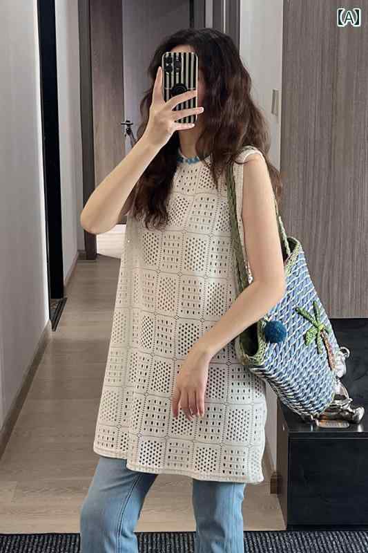 サマーニット レディース 女性用 ニット ベスト ロング トップス 2025 夏 風 エイジレス ホワイト Tシ..