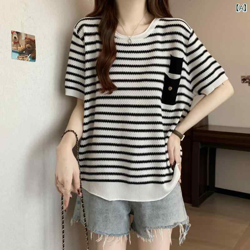 サマーニット レディース 大きいサイズ 太った 女の子 ストライプ 半袖 冷感 セーター レディース 夏の..