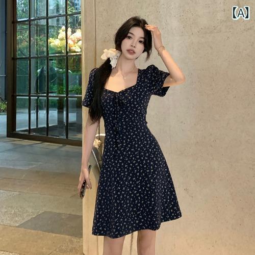 サマーニット レディース 大きいサイズ 太め mm 夏 花柄 ワンピース ショート スカート フランス 風 ス..