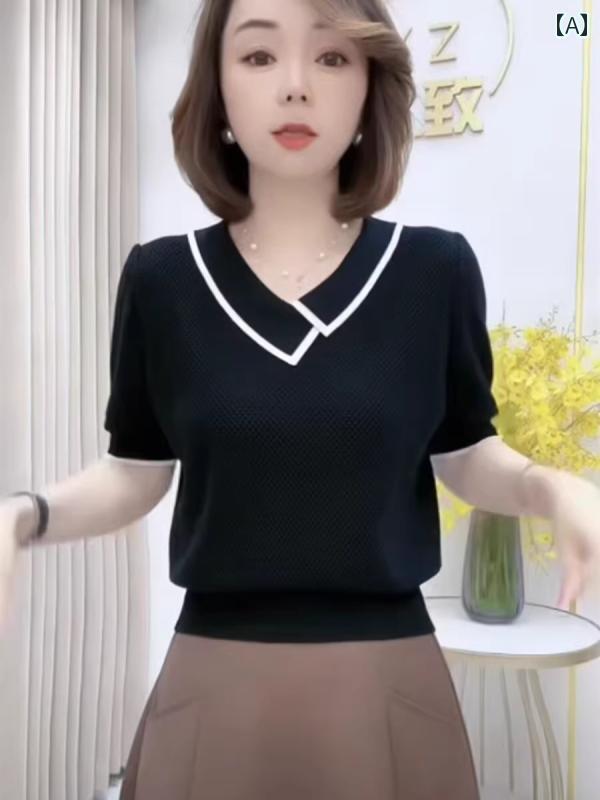 サマーニット レディース 夏用の 半袖 Tシャツ ゆったりな Vネックの 冷感 ニット ブラウス 薄くて ス..