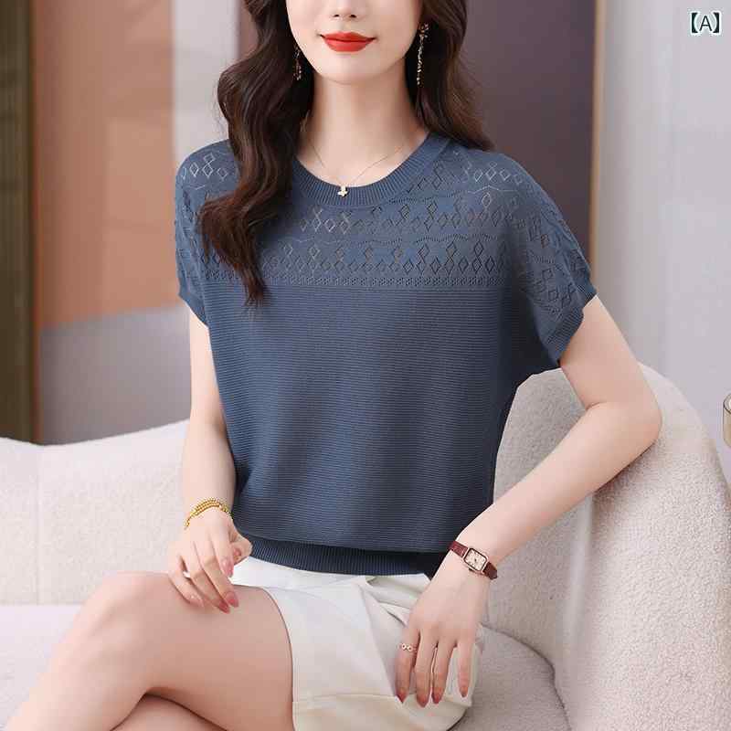 サマーニット レディース パープル 冷感 半袖 ニット セーター レディース 薄手 2025 夏 おしゃれ ママ..