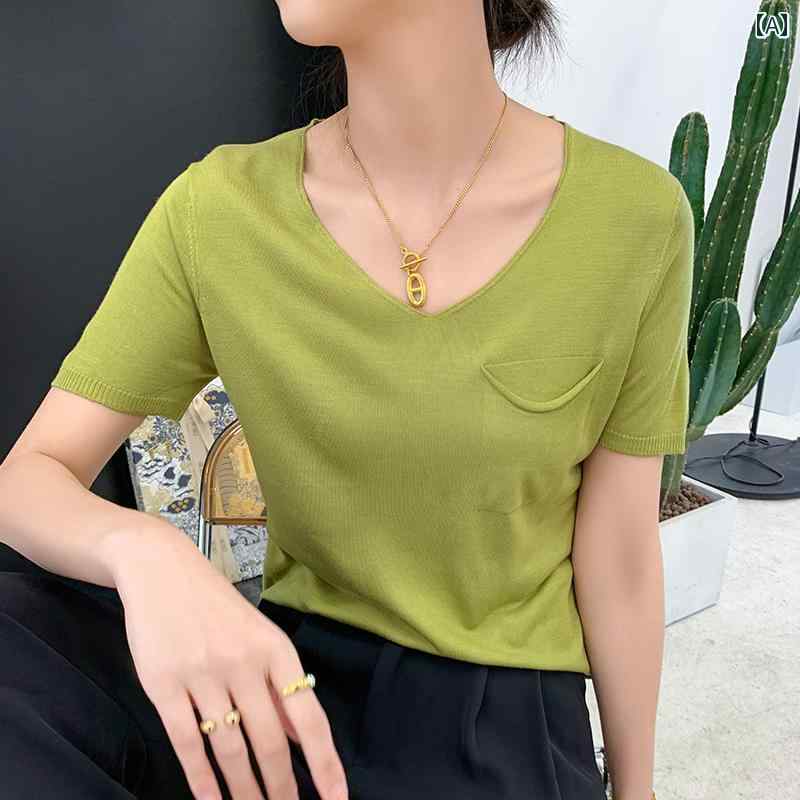 サマーニット レディース Vネック 冷感 ニット 半袖 トップス Tシャツ レディース 服 夏 スタイル ショ..