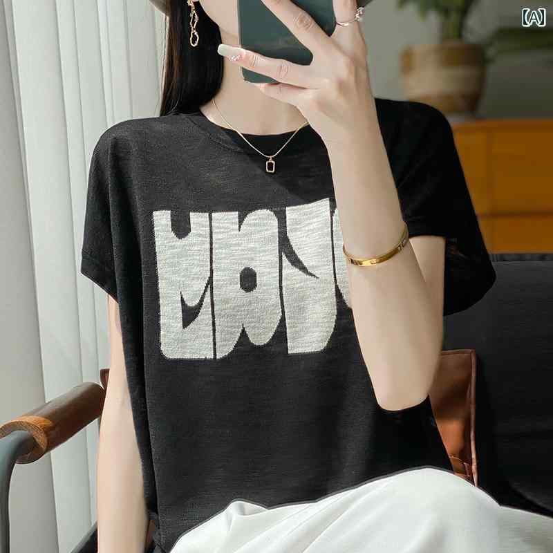 サマーニット レディース レター プリント 半袖 Tシャツ レディース 夏 2025 レイヤリング シャツ スタ..