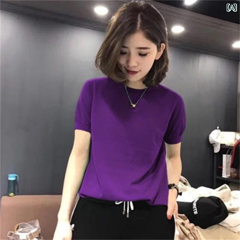 サマーニット レディース 2025夏 薄手 ベース シャツ キャンディ マルチ カラー 半袖 Tシャツ レディー..