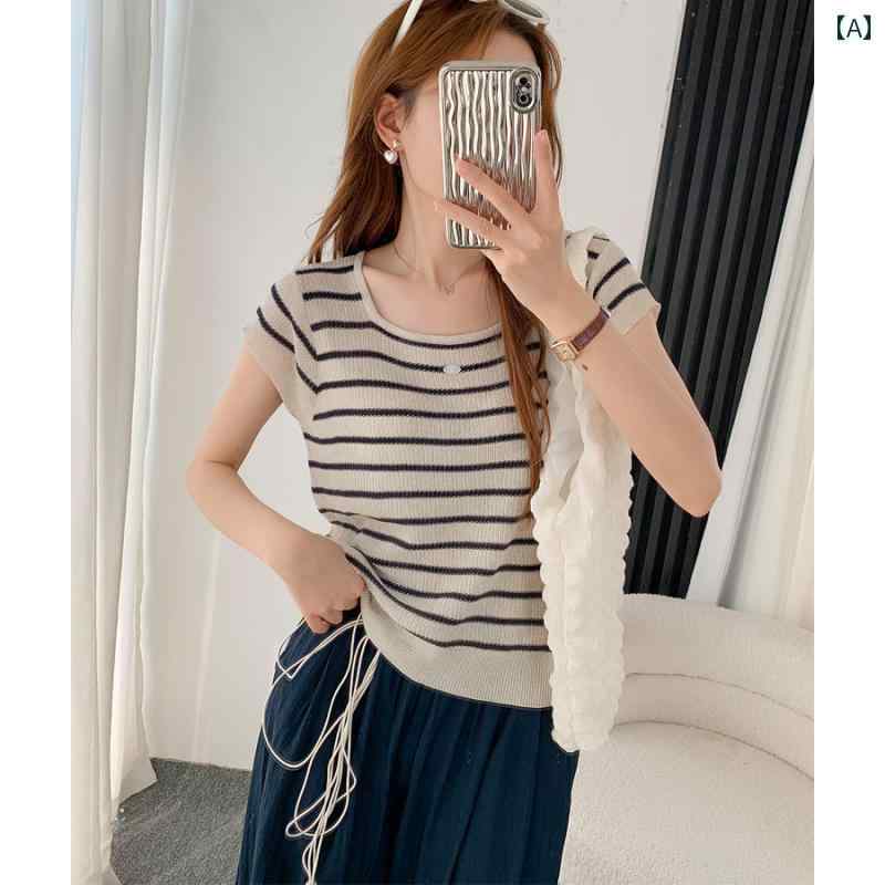 サマーニット レディース ストライプの 薄手 冷感 セーター 夏 ゆったり スリム 半袖 Tシャツ 小さい ..
