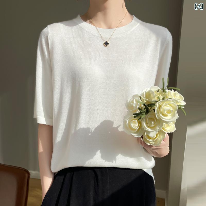 サマーニット レディース マカロン カラー ウール 半袖 レディース 無地 おしゃれ ゆったり 丸 首 ニット Tシャツ アウター インナー