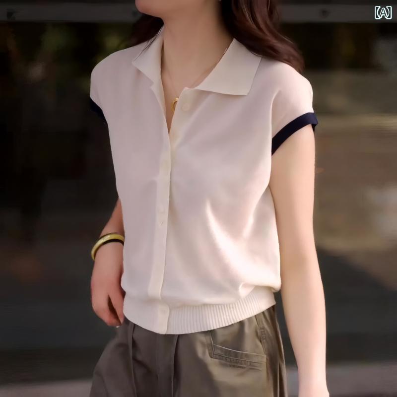 サマーニット レディース 韓国 ポロ カラー 薄手 カジュアル 快適 冷感 半袖 ニット セーター 夏 ファ..