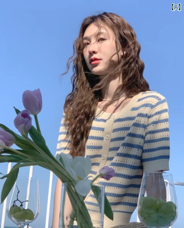 サマーニット レディース 韓国 優しい 青と 白の ストライプの コントラスト ニットカーディガン レデ..