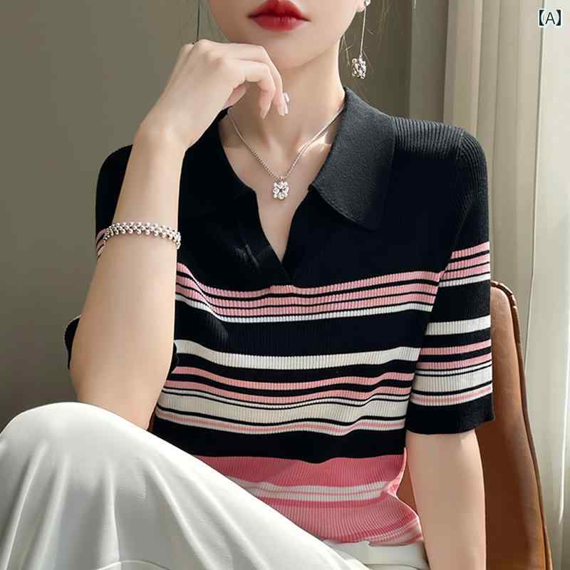 サマーニット レディース ストライプ 半袖 Tシャツ レディース 夏 2025 レイヤリング シャツ スタイリ..