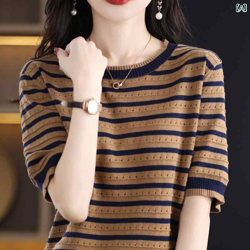 サマーニット レディース 女性用 ストライプ 半袖 Tシャツ 2025年 中年 ママ 大きめ サイズ レディース 夏用 冷感 ニット セーター スリム トップ