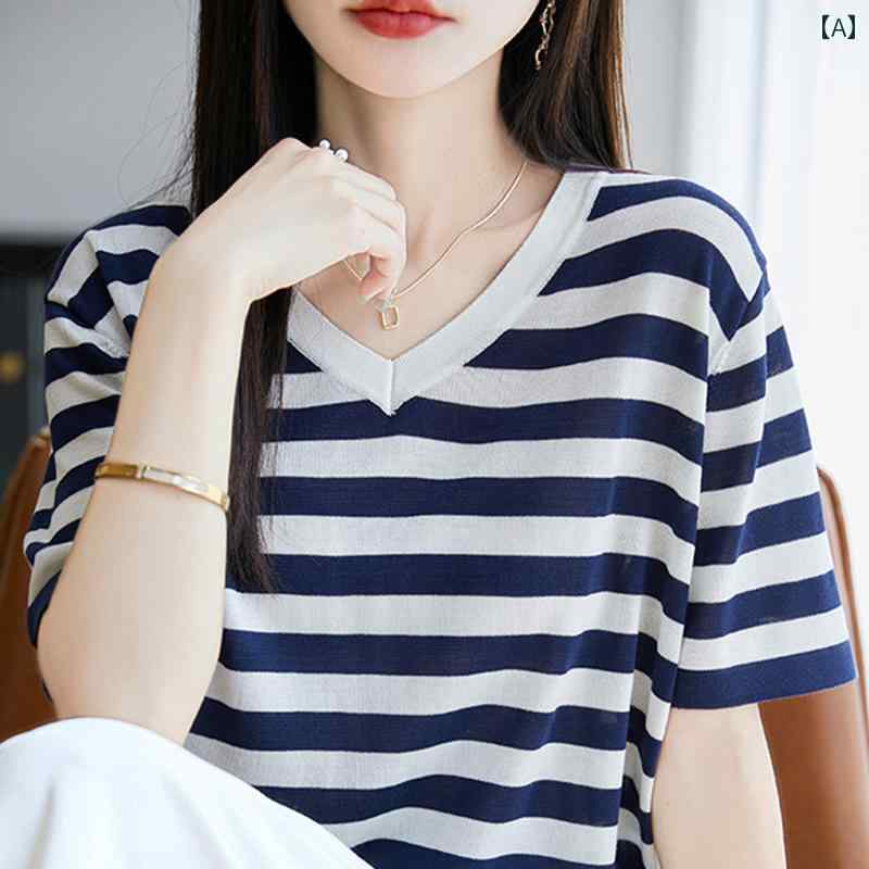 サマーニット レディース 2025夏の Vネック ストライプ 半袖 Tシャツ レディースの おしゃれな 大きい..