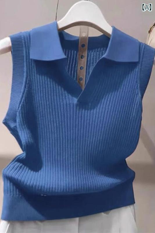 サマーニット レディース の ブラザーの 2025夏 ブルー ポロ カラー 冷感 ニット ベスト 通勤 ノースリ..