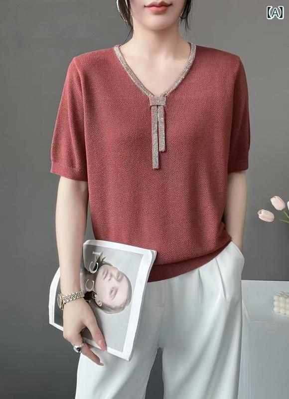 サマーニット レディース 夏用 ニット 半袖 レディース パッチワーク カラー Tシャツ で 年齢を 感じさ..