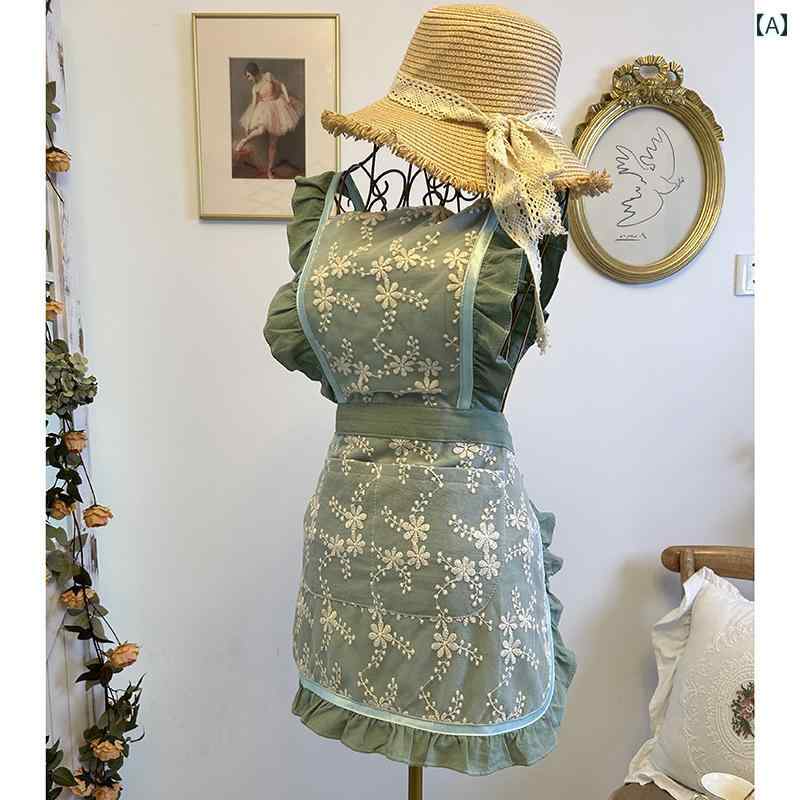 エプロン おしゃれ ママ 和風 レース 刺繍 グリーン ウォッシュ コットン ソフト 生地 エプロン 作業着 ウエスト クリーニング 防汚 全身 スカート