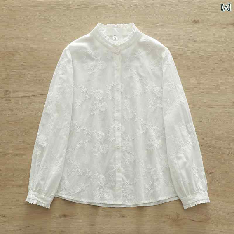 メンズ レディース 刺繍 日系風の可愛らしい芸術的なレースのレースの付いたなコットンシャツ。レディース長袖重い刺繍付きングの立ち襟のフランス風シャツ。(4)