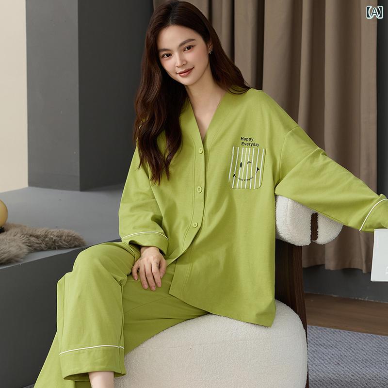 パジャマ レディース 上下 Kazhilian 綿 パジャマ レディース 長袖 春秋 グリーン 着物 和風 スマイリーフェイス プリント スーツ 学生 家 着