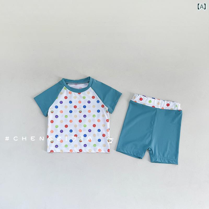 子供用 水着 ベビー ベビー 夏用 カラフルドット 半袖 スプリット 水着 スーツ 女の子用 ラブ サスペンダー スカート 男の子用 水泳 服