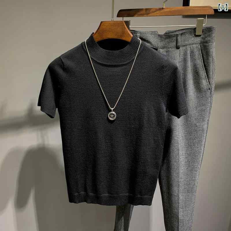 ニット 半袖 Tシャツ メンズ ハーフ タートルネックニット 半袖 韓国 スリム ソリッドカラー Tシャツ ..