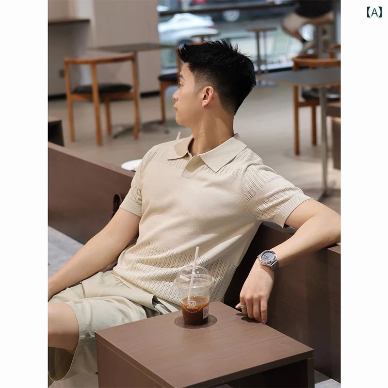 ニット 半袖 Tシャツ オールド マネー カモメ 襟 ニット クール ポロ 半袖 メンズ アップ スタート Tシャツ アメリカン レトロ ハーフスリーブ