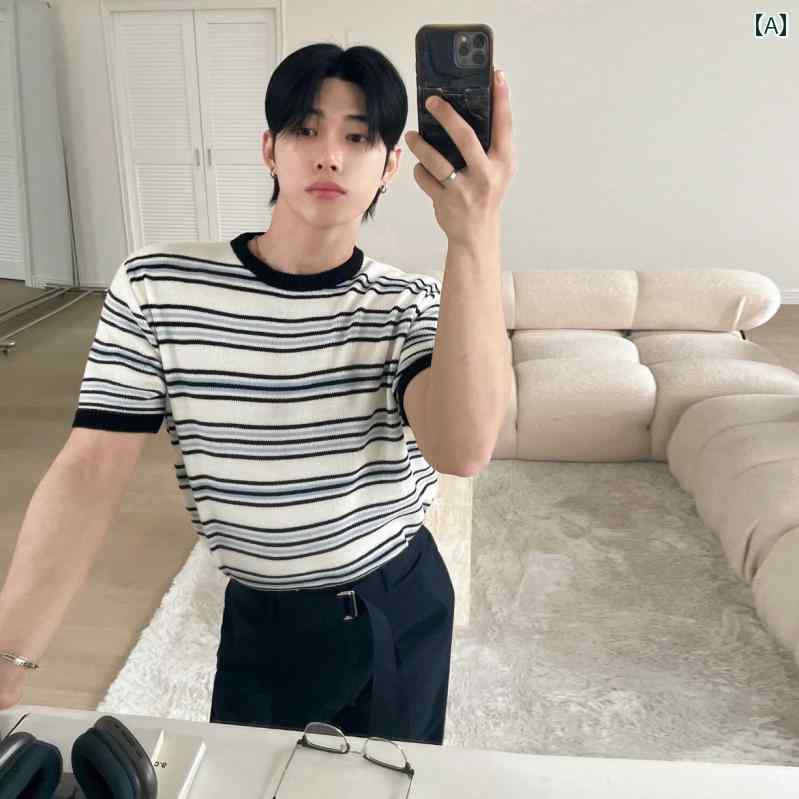 ニット 半袖 Tシャツ MRCYC コントラスト ストライプニット 半袖 Tシャツ メンズ 夏 ゆったり ラウンド..