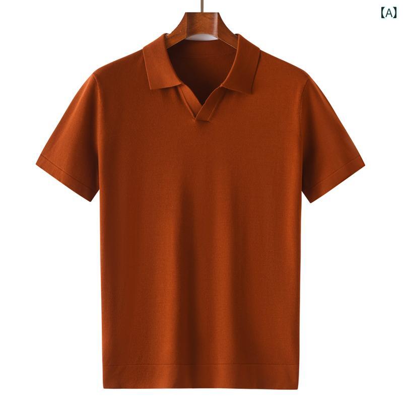 ニット 半袖 Tシャツ 100 % ウール 半袖 Tシャツ メンズ POLO シザー カラー ビジネス ニットプルオーバー セーター カジュアル インナーレイヤリング シャツ