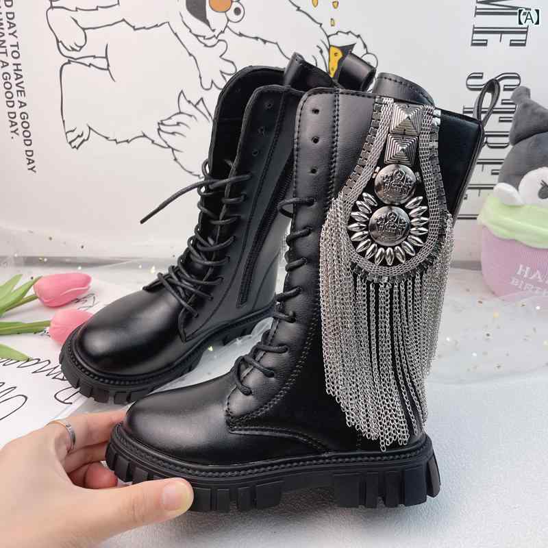 ブーツ 秋冬 子供用 2024 春秋 ガールズ ハイ ブーツ スタッズ タッセル ファッション ショー ストリー..