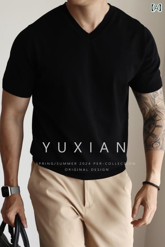 袖 ポロシャツ メンズ YUXIAN アメリカ クール Vネック ニット 半袖 冷感 薄手 Tシャツ レトロ ベース ..