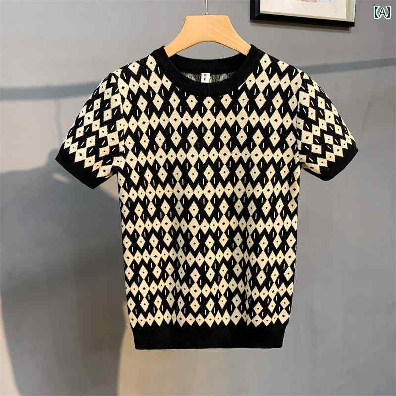 ニット 半袖 Tシャツ メンズ ラインストーン 柄 スリムフィット 半袖 セーター の ラウンドネック コン..