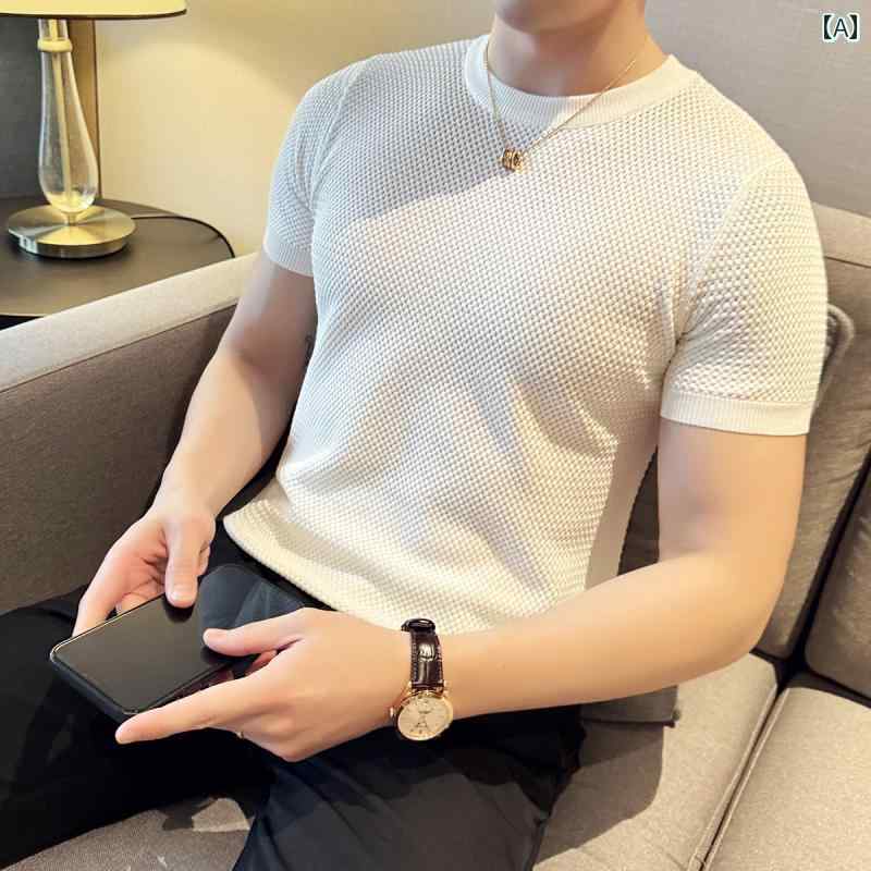 ニット 半袖 Tシャツ メンズニット 薄手 半袖 Tシャツ 夏の新 パイナップル 柄 メッシュ 通気性 ハイエンド スリムフィット シャツ