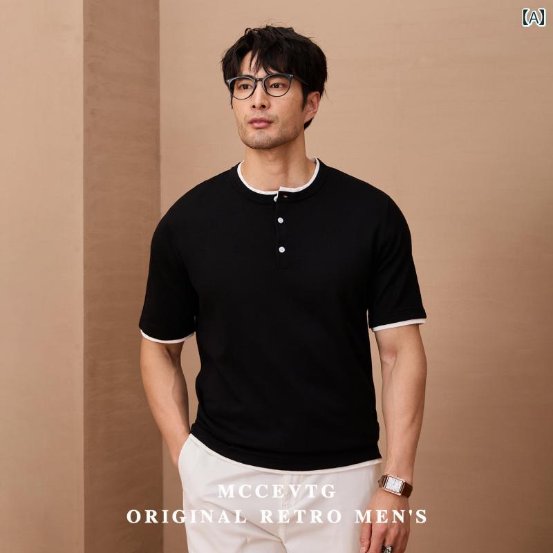 ニット 半袖 Tシャツ MCCEVTG イタリアの 古風お 金の フェイク ツーピース レトロ ヘンリー カラー ニ..