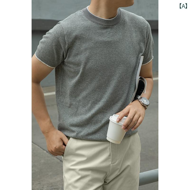 ニット 半袖 Tシャツ Wuren ワークウェア アメリカン カジュアル フローラル ヤーン ブレンド レイ ヤード ニット セーター 半袖 フェイク ツーピース Tシャツ メンズ