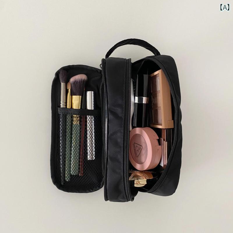 化粧 品 ポーチ バッグ シンプル 黒の ブラシ バッグ 大容量の 化粧 品 袋 ポータブル 旅行用 トイレタリー メッシュ 仕切り 付き メイク 収納 女性用