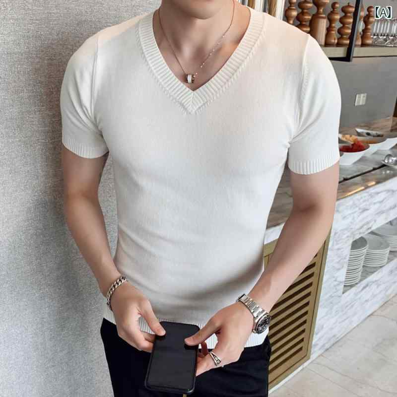 セーター メンズ Vネック スリム トール 伸縮性 半袖 セーター Tシャツ メンズ Vネック 無地 ベース ライン シャツ 薄手