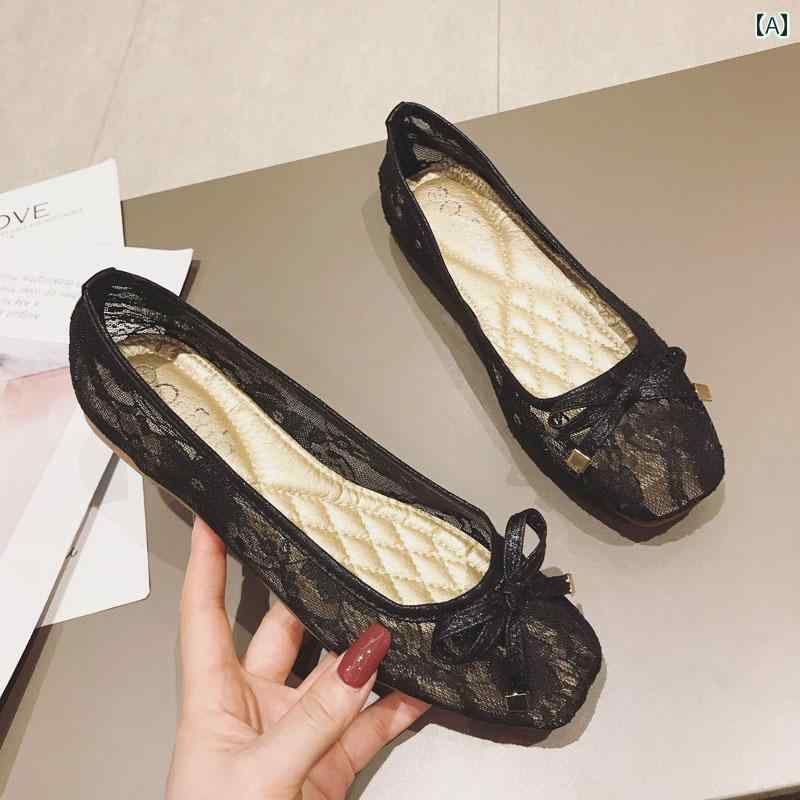 バレエ シューズ レディース 韓国 シングル シューズ 2024 夏 通気性 レース メッシュ ボウ フェアリー フラット 底 ソフト ソール ビーン バレエ