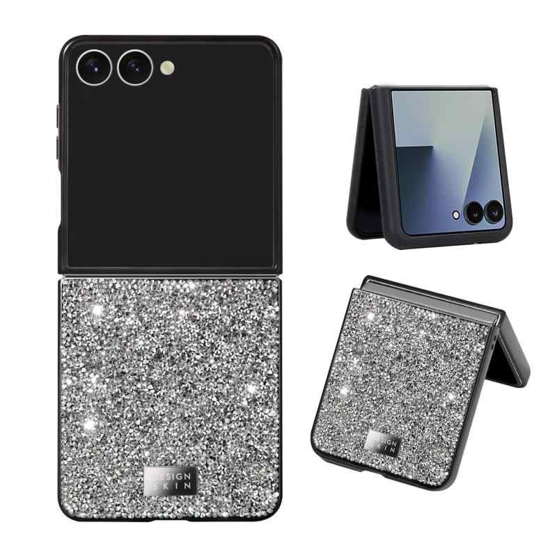 DESIGN SKIN Galaxy Z Flip7 ケース プレミアムクリスタルケース [ クリスタル風装飾 メタルロゴ ポリカーボネート TPU ハイブリッド構造 カメラ保護 ストラップホール ] シルバー DSK28053GZFP7【国内正