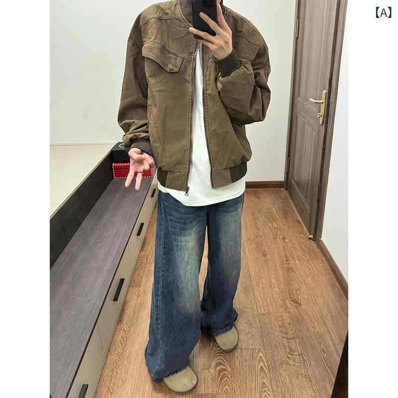 ma1 ボンバー ジャケット クリーン フィット ショート ワークジャケット メンズ 春秋 アメリカン レトロ ベースボール ジャケット ダメージ 加工 ハリントン